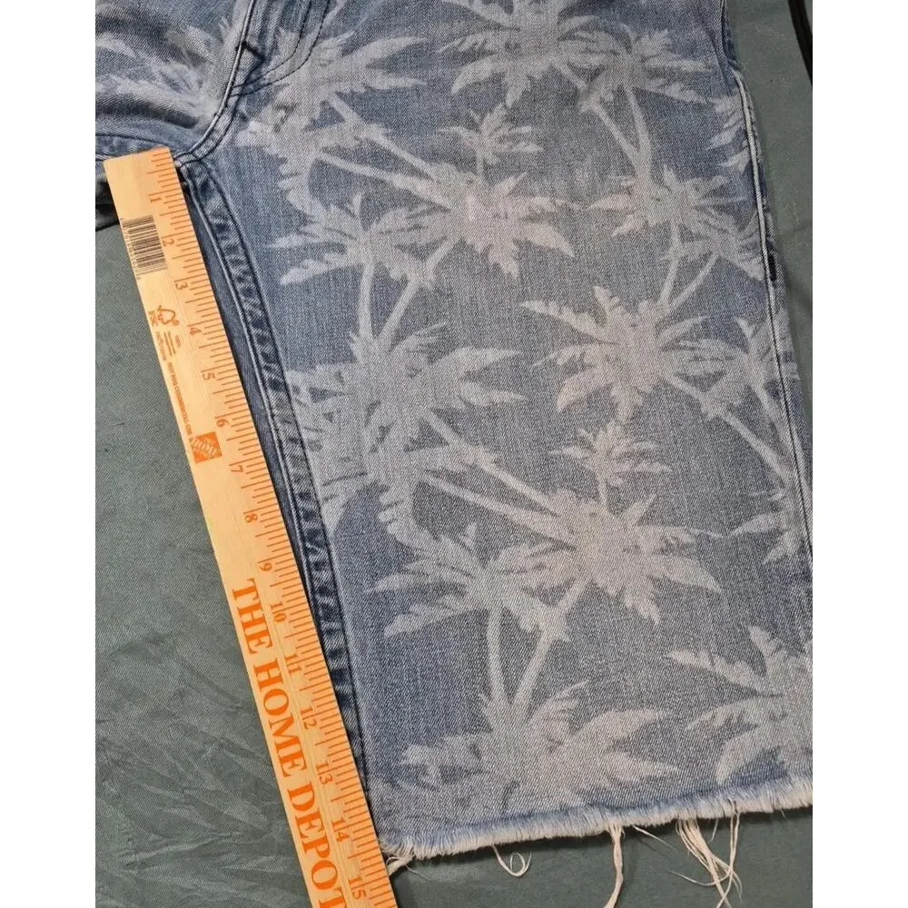 True Religion Mens 42 Denim Shorts Palm Tree Print Straight Cutoff Blue Jean